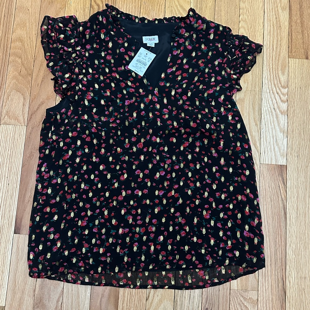 J. Crew Black Ruffled Cap-Sleeve Blouse with Pink and Yellow Floral Print